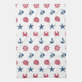 赤の白と青の海の記号パターン キッチンタオル (縦)