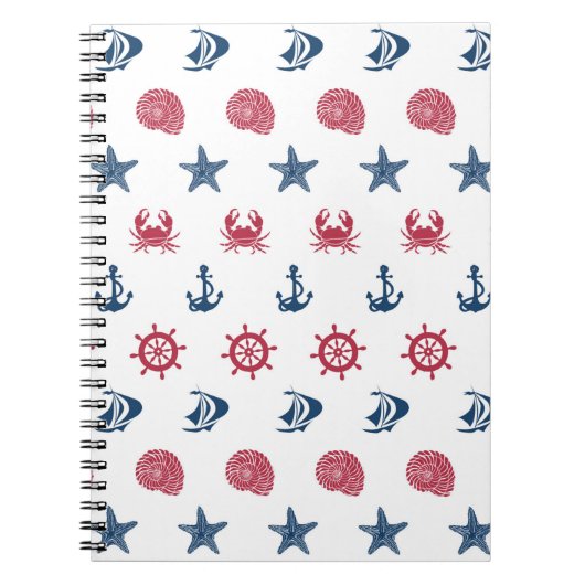 赤の白と青の海の記号パターン ノートブック (正面)