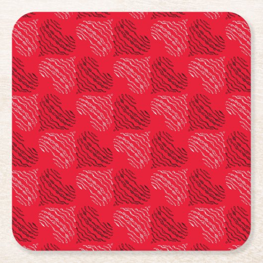 赤の白黒の交互ハート線 スクエアペーパーコースター (正面)