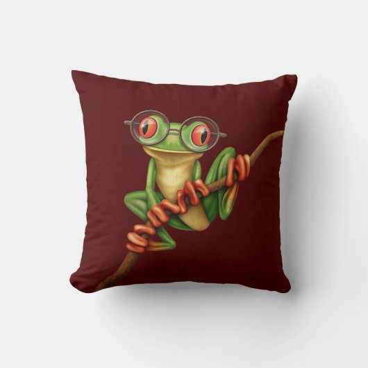 赤の目ガラスを持つかわいい緑のアマガエル クッション (正面)