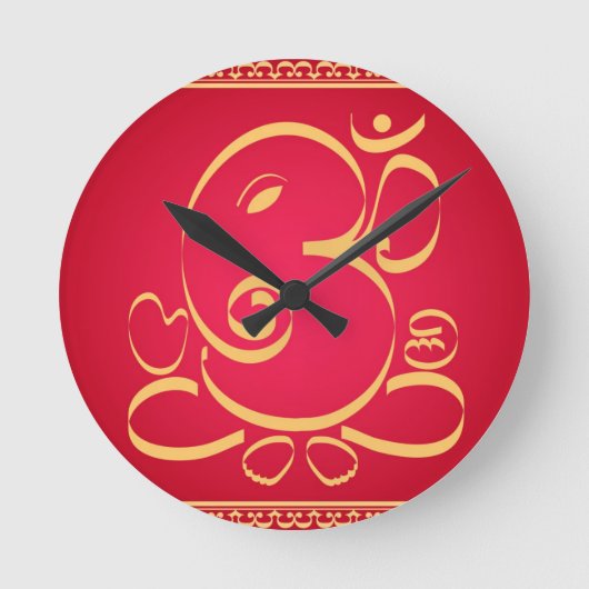 赤の神Om Ganesha ラウンド壁時計 (正面)