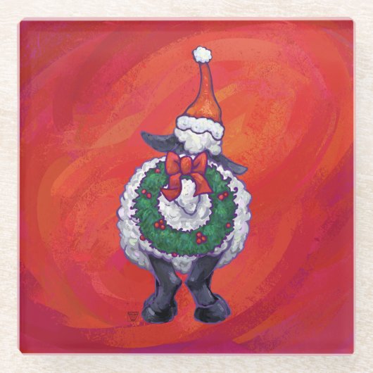 赤の羊のクリスマス ガラスコースター (正面)