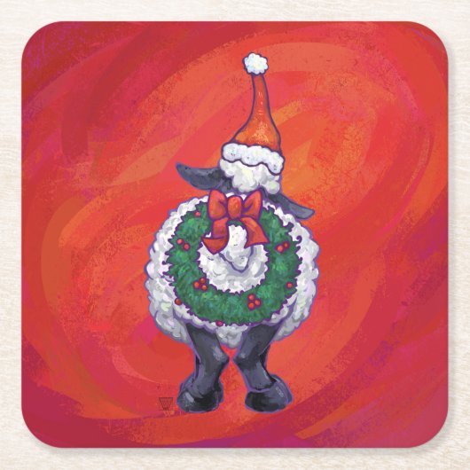 赤の羊のクリスマス スクエアペーパーコースター (正面)