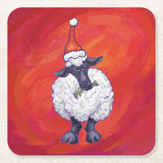 赤の羊のクリスマス スクエアペーパーコースター (正面)