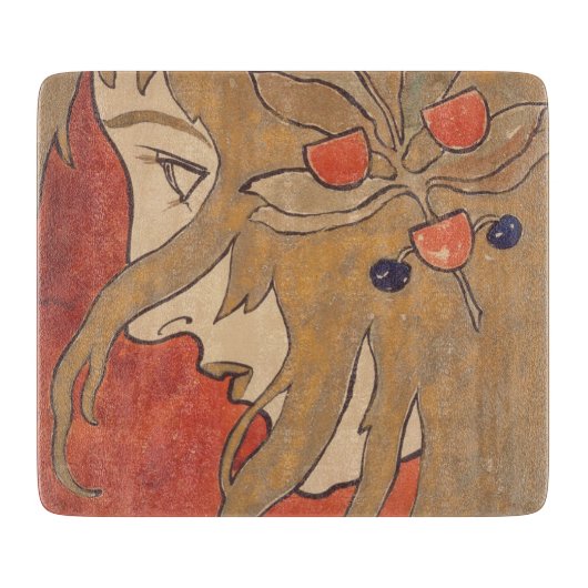 赤の美しい女の子のポートレート(アールヌーボー) カッティングボード (正面)