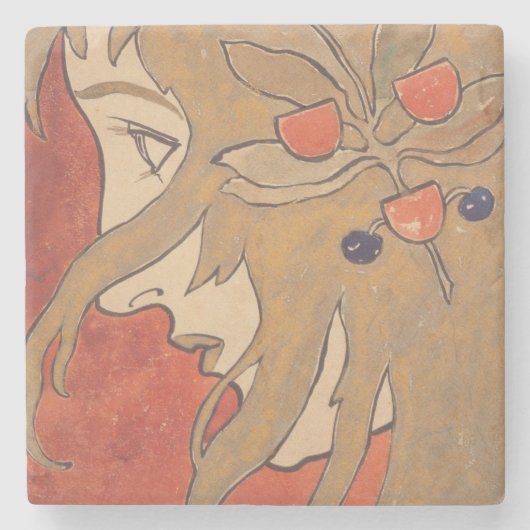 赤の美しい女の子のポートレート(アールヌーボー) ストーンコースター (正面)