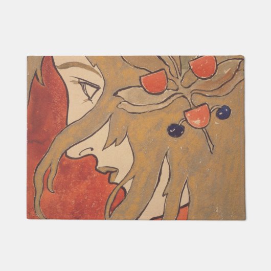 赤の美しい女の子のポートレート(アールヌーボー) ドアマット (正面)