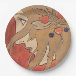 赤の美しい女の子のポートレート(アールヌーボー) ペーパープレート