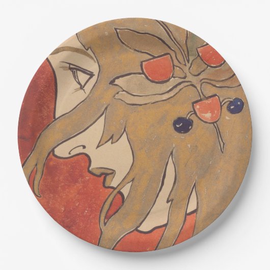 赤の美しい女の子のポートレート(アールヌーボー) ペーパープレート (正面)