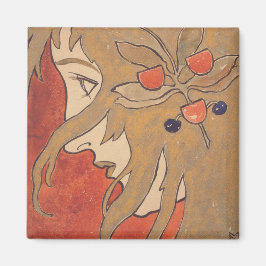 赤の美しい女の子のポートレート(アールヌーボー) マグネット