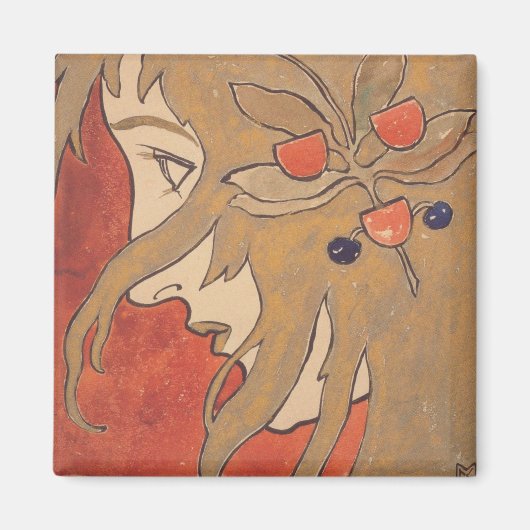 赤の美しい女の子のポートレート(アールヌーボー) マグネット (正面)