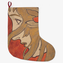 赤の美しい女の子のポートレート(アールヌーボー) ラージクリスマスストッキング