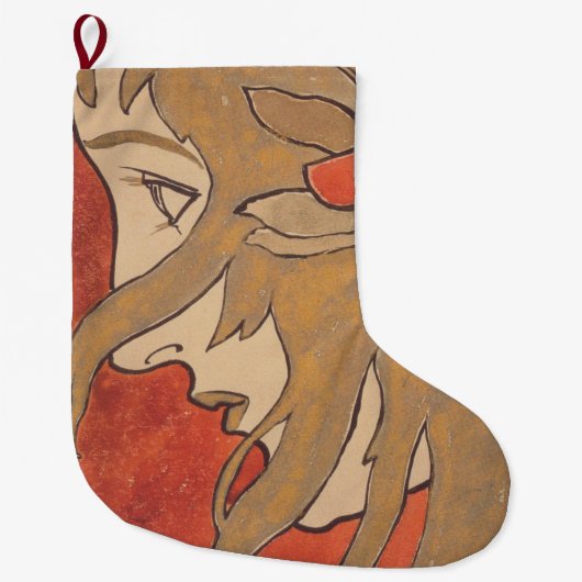 赤の美しい女の子のポートレート(アールヌーボー) ラージクリスマスストッキング (正面)