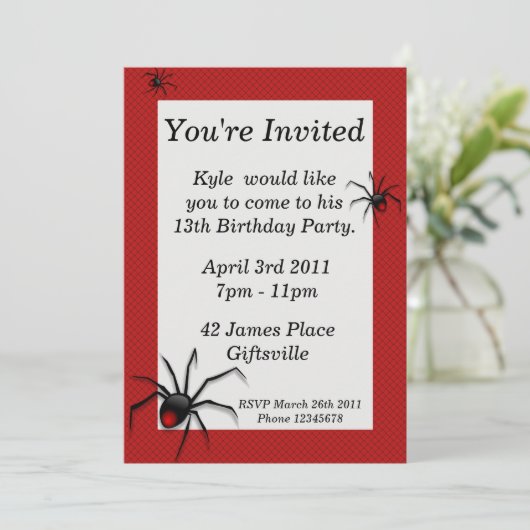 赤の背部くもの誕生日のパーティの招待状 招待状 (スタンド正面)