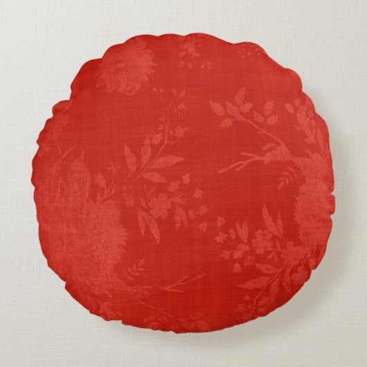 赤の花のパターンに明るい赤 ラウンドクッション (正面)