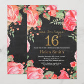 赤の花柄サプライズ 16歳の誕生日 ゴールドグリッター 招待状 (正面/裏面)
