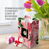 赤の花柄 お客様の企業名とロゴを追加 ミディアムペーパーバッグ