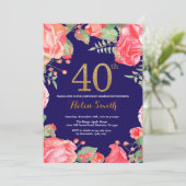 赤の花模様 40歳の誕生日 ゴールドグリッター ネイビーブルー 招待状 (スタンド正面)