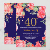 赤の花模様 40歳の誕生日 ゴールドグリッター ネイビーブルー 招待状 (正面/裏面)