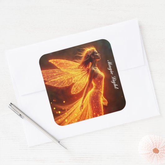 赤の輝く炎の妖精の女の子ファンタジーグリッター魔法 スクエアシール (封筒)