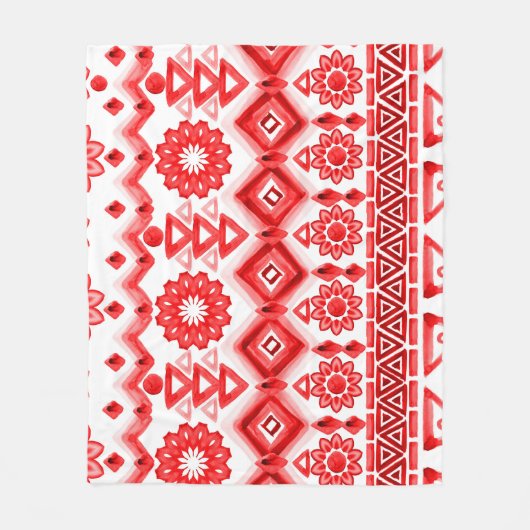 赤の部族、水色の民族パターン。 フリースブランケット (正面)