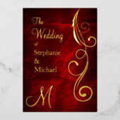 赤の金ゴールド上のモノグラムと結婚渦巻き 箔招待状 (正面)