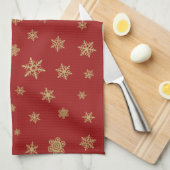 赤の雪片パターン金ゴールド キッチンタオル (四つ折り)