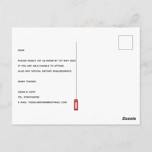 赤の電話ボックスの出欠確認 ポストカード (裏面)