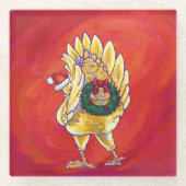 赤の鶏のクリスマス ガラスコースター (正面)