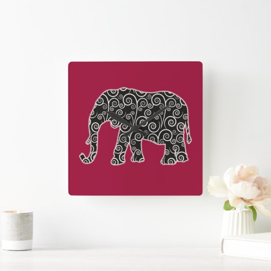 赤の黒と白の象 スクエア壁時計 (ホーム)