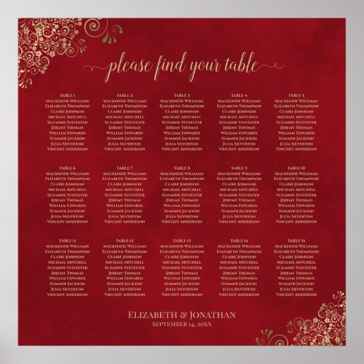 赤の15結婚テーブルのシーティングチャート金ゴールドレース ポスター (正面)