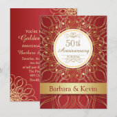 赤の50周年 ゴールドの渦巻き 招待状 (正面/裏面)
