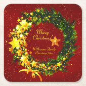 赤のName Year Christmas 20xx金ゴールドリースの追加 スクエアペーパーコースター (正面)
