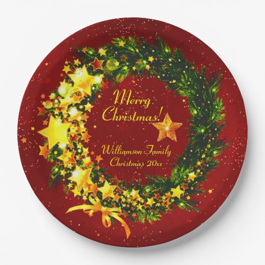 赤のName Year Christmas 20xx金ゴールドリースの追加 ペーパープレート (正面)