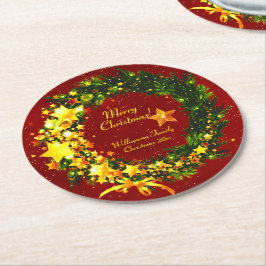赤のName Year Christmas 20xx金ゴールドリースの追加 ラウンドペーパーコースター
