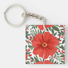 赤はっきりしたい花柄と緑豊かな離れ キーホルダー
