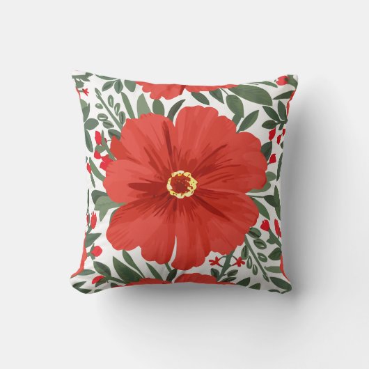 赤はっきりしたい花柄と緑豊かな離れ クッション (正面)