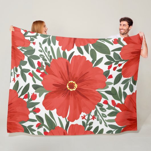 赤はっきりしたい花柄と緑豊かな離れ フリースブランケット (インサイチュ)