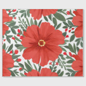 赤はっきりしたい花柄と緑豊かな離れ ラッピングペーパー (フラット)