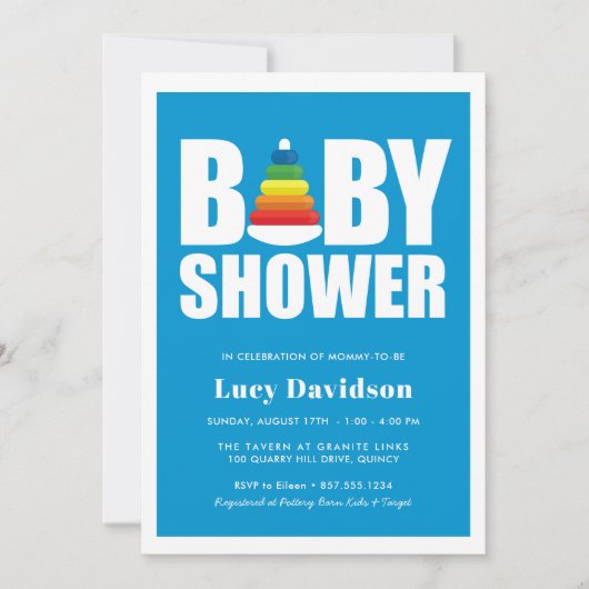 赤はっきりしたちゃんシャワー玩具レインボーリングや輪 招待状 (正面)