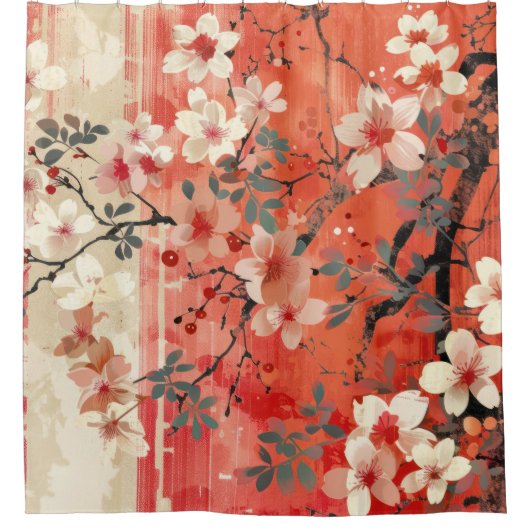 赤はっきりしたとクリームの桜シャワーカーテン シャワーカーテン (正面)