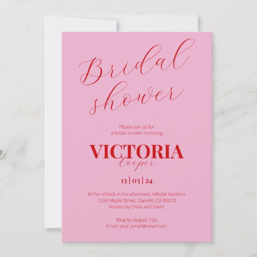 赤はっきりしたとピンクの手書きスクリプトブライダルシャワー 招待状 (正面)