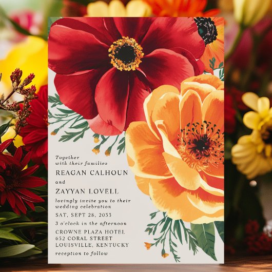 赤はっきりしたと黄色のフローラエレガントな結婚式 招待状