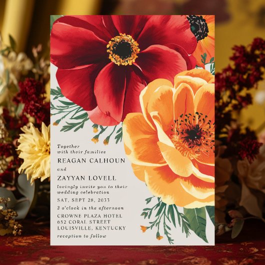 赤はっきりしたと黄色のフローラエレガントな結婚式 招待状
