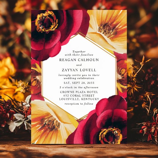 赤はっきりしたと黄色のフローラジオメト結婚リ 招待状