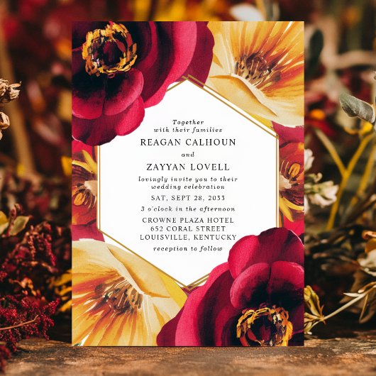 赤はっきりしたと黄色のフローラジオメト結婚リ 招待状