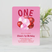 赤はっきりしたピンクバルーン1st誕生日 招待状 (スタンド正面)