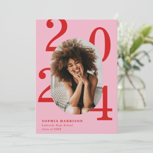 赤はっきりしたピンク楕円形フォトフレーム卒業 招待状 (スタンド正面)