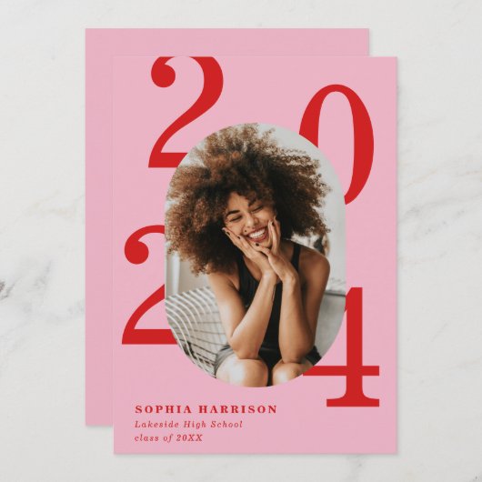 赤はっきりしたピンク楕円形フォトフレーム卒業 招待状 (正面/裏面)