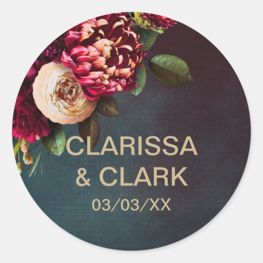 赤はっきりしたフローラと金ゴールド結婚封筒用シール ラウンドシール (正面)